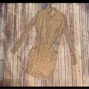 Banjul Tan Long Sleeve Beaded Dress